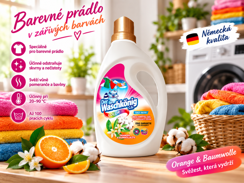 Waschkönig Color Orange & Baumwolle XXL gel na praní barevného prádla – 3 l, až 100 praní